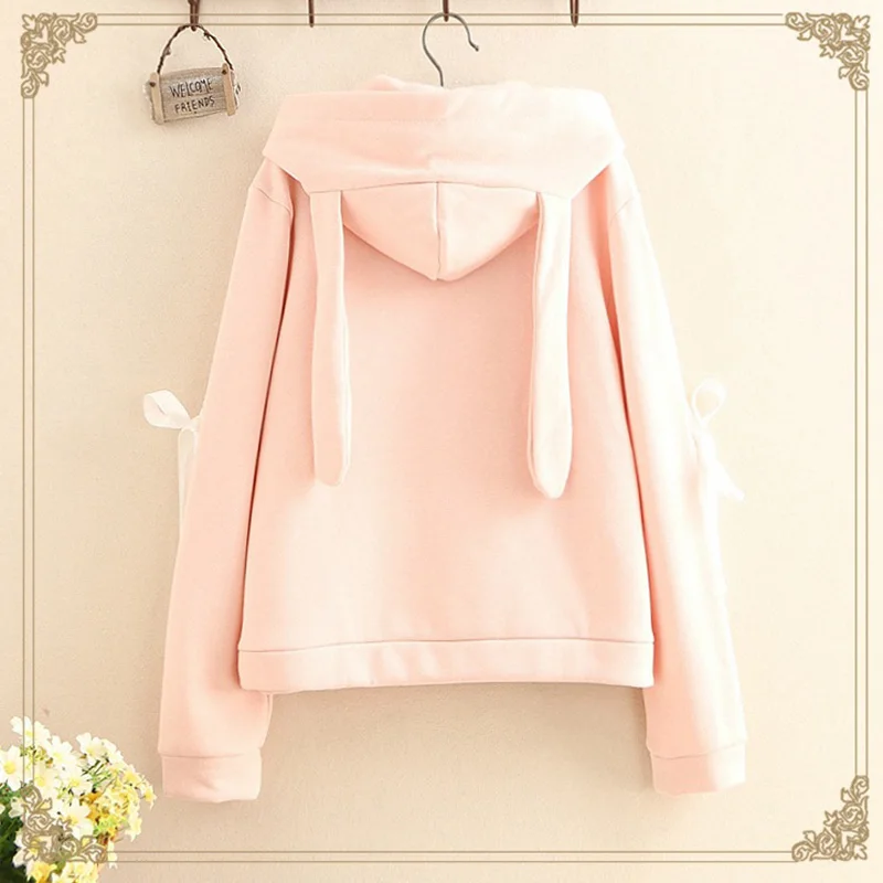 المتناثرة 2018 هوديس النساء الملابس بلوزات الربيع الوردي الأبيض لطيف أرنب أنيمي فتاة لوليتا مقنعين هوديس