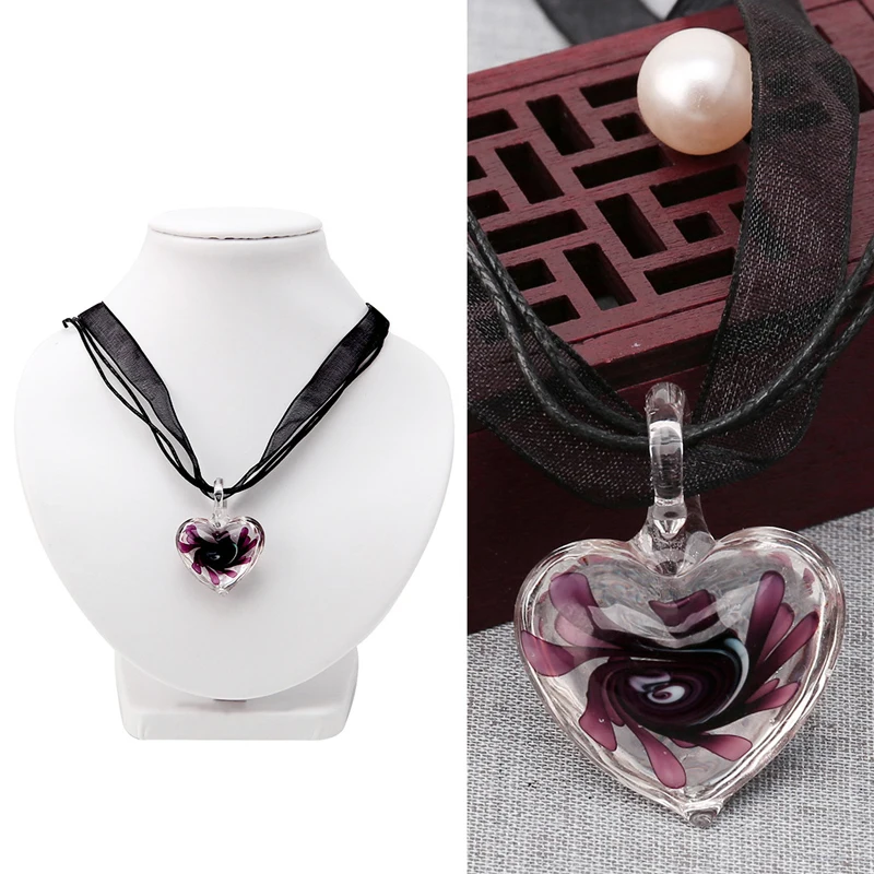 

Murano Glass Pendant Necklace Purple Heart Flowers Ribbon Chain