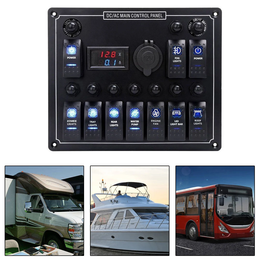 

10 Gang Waterproof For Car Auto Boat Marine Yacht RV LED AC/DC Rocker Switch Panel Dual Power Control Overload Protection
