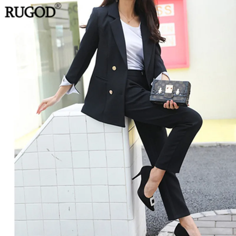 RUGOD, осенние женские костюмы, для офиса, для девушек, Блейзер, брючный костюм,, корейский стиль, модный тонкий комплект из 2 предметов, костюм для женщин