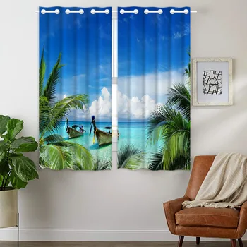 

HommomH Curtains (2 Panel) Grommet Top Darkening Blackout Room Blue Sea Boat Coconut Tree