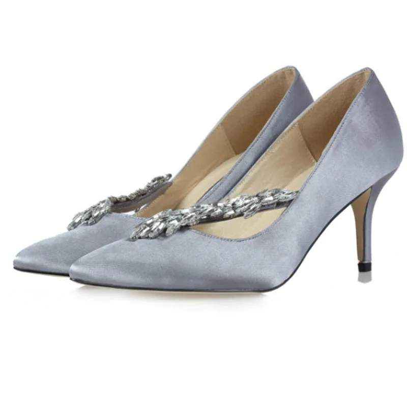 Весенние милые Для женщин с украшением в виде кристаллов Каменка шелковые туфли-лодочки; блестящие стразы; с острым носком; на высоком каблуке-шпильке; Свадебная обувь - Цвет: grey