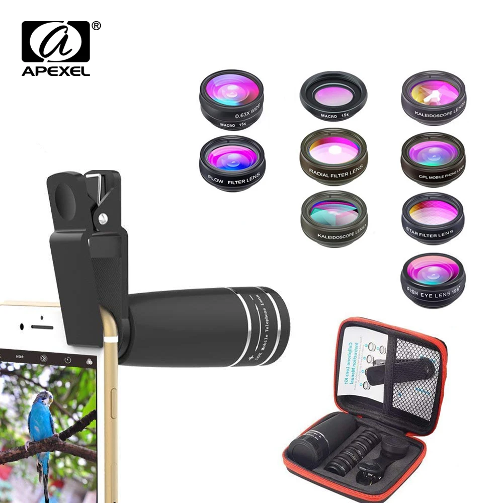 best smartphone lens kit APEXEL 10 in 1  Mobile phone Lens Telephoto Fisheye lens Wide Angle Macro Lens+CPL/Flow/Radial/Star Filter for all smartphones cell phone camera lens kit