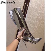 SHOOEGLE/; Лидер продаж; модная обувь в стиле знаменитостей; RiRi Rihanna; эффект серебряного зеркала; сапоги до колена из лакированной кожи; женская обувь на высоком каблуке