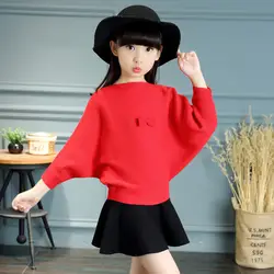 2018 Новые Девушки осень-зима модные корейские трикотажные сплошной шерстяной свитер + юбки комплект для девочек обратно в школу наряды 10 Для