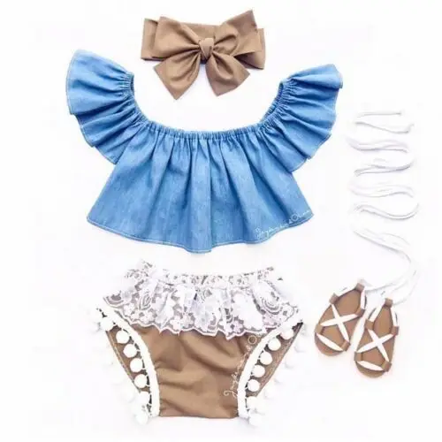 

Infant Newborn Baby Girl Fly Sleeve Denim Top Lace Shorts 3Pc Clothes Outfit