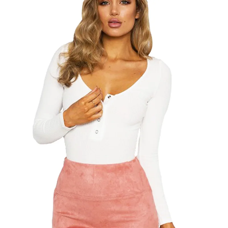  Low collar Long Sleeve Bodysuit Woman Top Autumn Winter Rompers 2018 Black Red White Burgundy Slim 