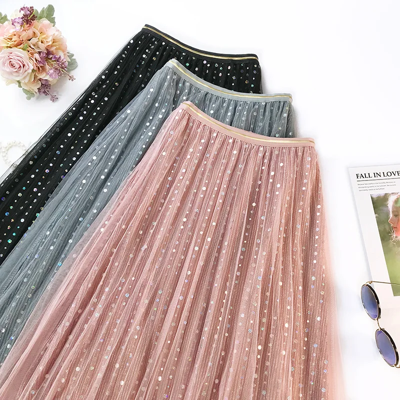 

Metallic Sequined Starry Layered Mesh Patchwork Long Skirts Stretch Waist Shine Stars Tulle High Low A-line Long Skirt