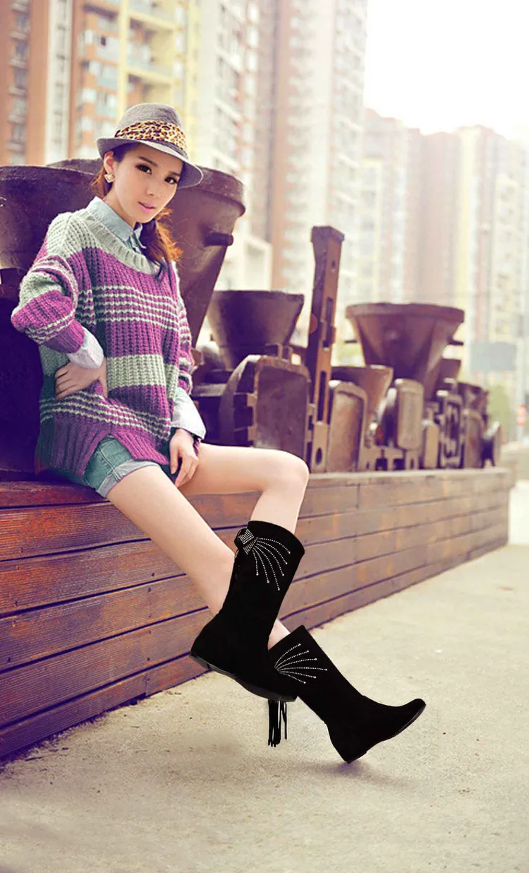 Плюс Большие размеры 34-47; Для женщин сапоги Новая модная обувь на весну, осень и зиму на клиновидном каблуке, визуально увеличивающие рост кожаные сапоги удобные Повседневное Q1