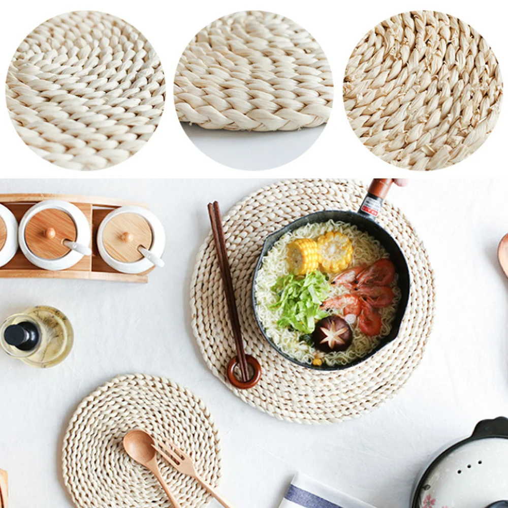 

1PC Round Hand-Woven Pads Mats Corn Straw Braided Dining Table Mats Thick Natural Placemats 1cm/20cm/30cm/40cm Table Decoration