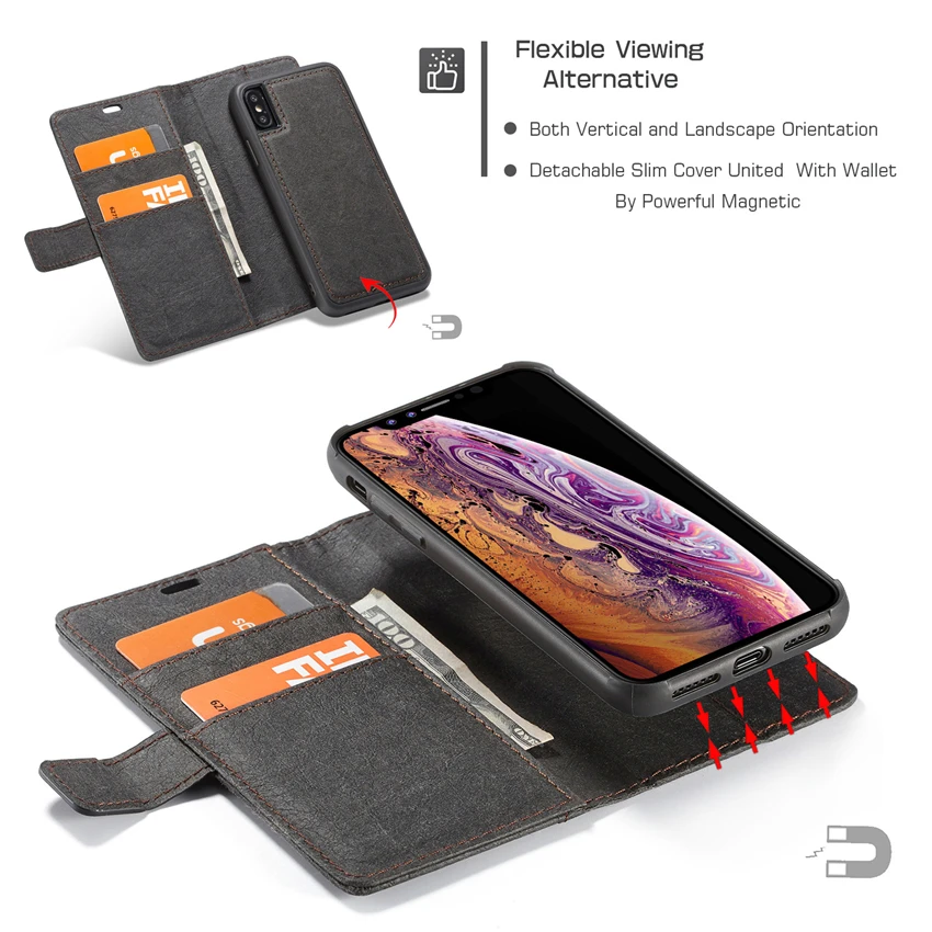 Роскошный кожаный флип-чехол для телефона для iPhone 6, 7, 8 Plus, кошелек, сумка для карт, кронштейн, Отделяемый ПУ, для iPhone X, XR, Xmax, задний Чехол
