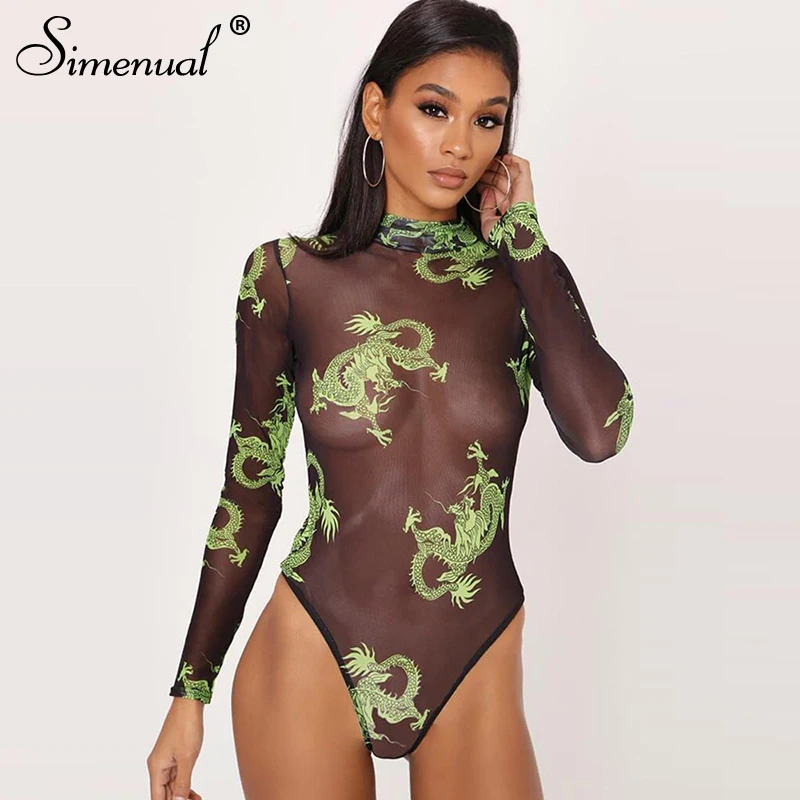 Simenual Mesh Transparent Bodycon Sexy Jumpsuits Women Long Sleeve Printed Bodysuit Hollow Out Hot Fashion Fitness Bodysuits New Simenual Mesh Transparent Bodycon Sexy Jumpsuits Women Long Sleeve Printed Bodysuit Hollow Out Hot Fashion Fitness Bodysuits New