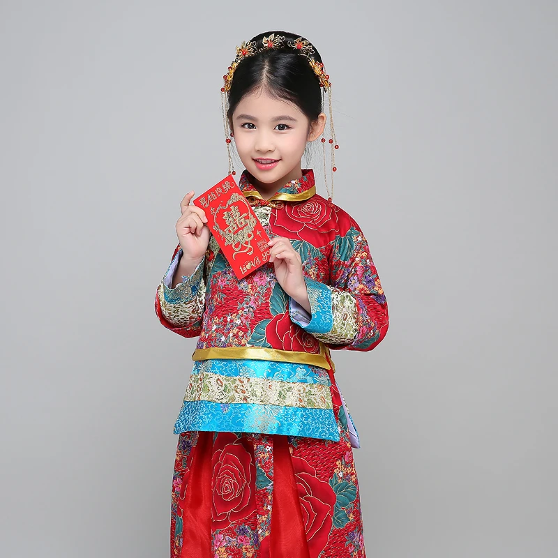 Китайский народный танец костюм hanfu костюм династии Тан Национальный для девочек платье феи детское древних Винтаж xiuhe Свадебное платье