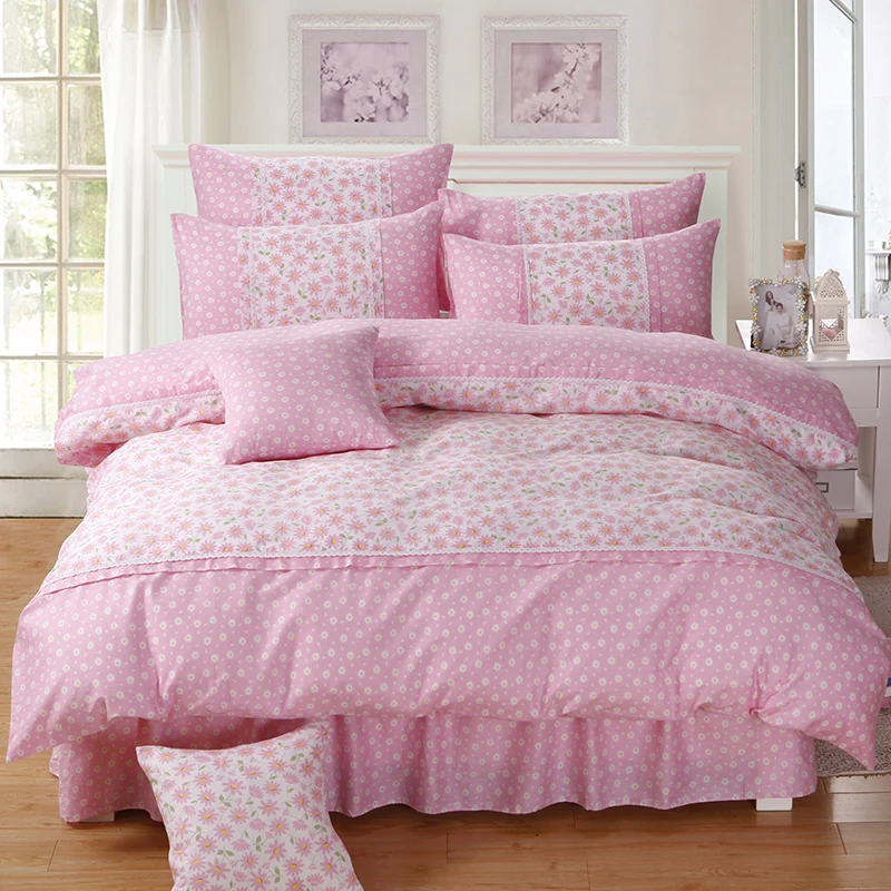

Princess Daisy Floral Bedding Set Girls 100% Cotton Lace 4pcs (1 Duvet Cover 1 Bed Skirt + 2 Pillow Cases) Full Queen Size Pink