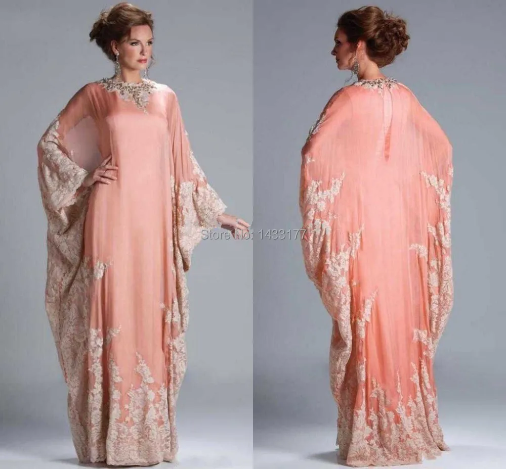 

Caftan Evening Gowns Beaded Lace Jewel Neckline Lace Edges Chiffon Appliqued Long Vestidos Arabic Evening Dress With Long Sleeve