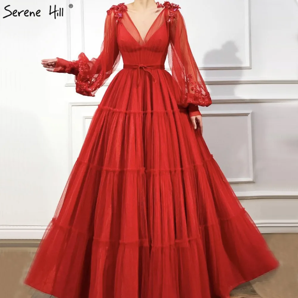 

Red Lantern Long Sleeves Sexy Evening Dresses 2019 V-Neck Sequined A-Line Long Evening Gowns Serene Hill LA70008