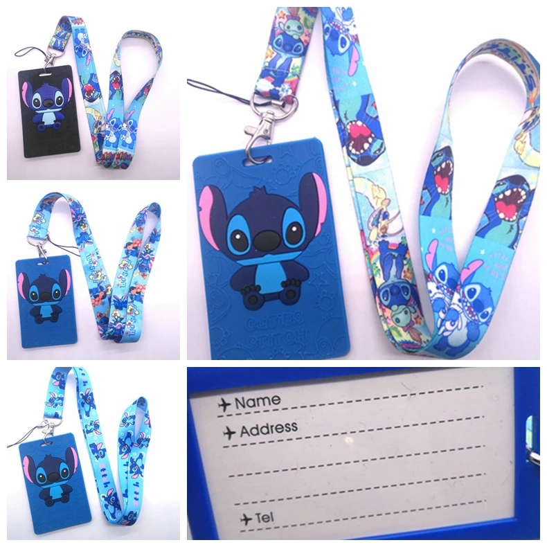 5 Pcs Cartoon Stitch Named Card Holder Identity Badge with Lanyard Neck Strap Card Bus ID Holders With Key Chain G