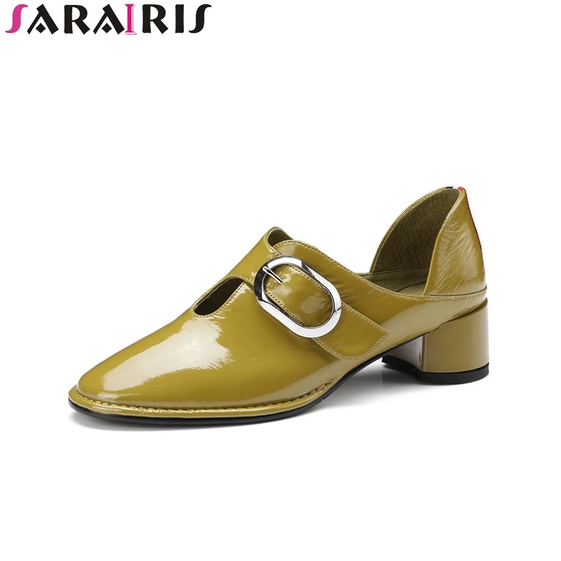

SARAIRIS New Fashion Genuine Leather Square Med Heels Solid Round Toe Shoes Woman Casual Spring Pumps Black Big Size 34-43