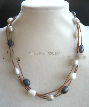 

3rows freshwater pearl necklace white gray black egg and brown line necklace 18inch wholesale beads FPPJ