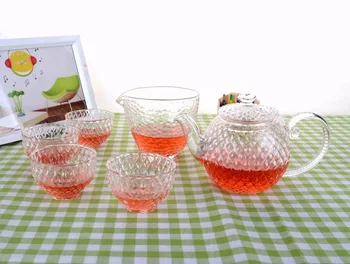 

6in1 Crystal Tea Set - 320ml Heat Resistant Glass Tea Pot + 215ml Cha Hai Tea Pitchers Cups + 4x 70ml Double WallCups - B