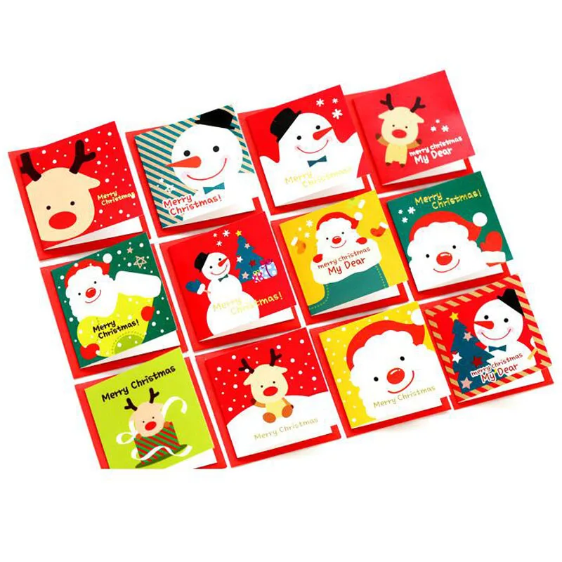 

12pcs/lot Kawaii mini Christmas Santa Claus snowman Greeting Cards Cute gift message set Postcard Cards & Invitations H302