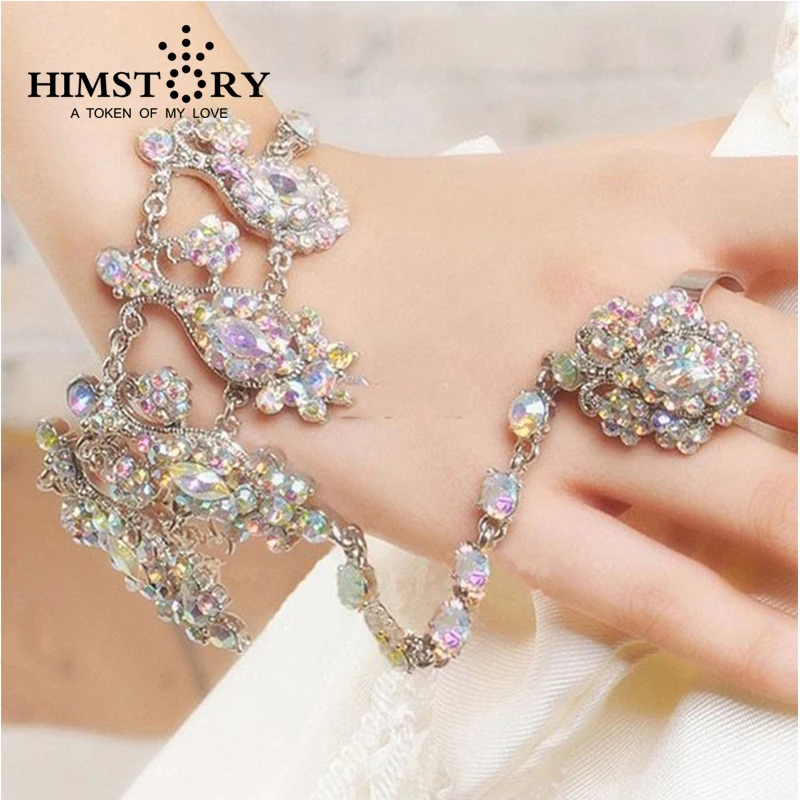 

HIMSTORY Luxurious AB Color Czech Rhinestone Bridal Bracelets & Bangles with Ring Wedding Jewelry Accessoies