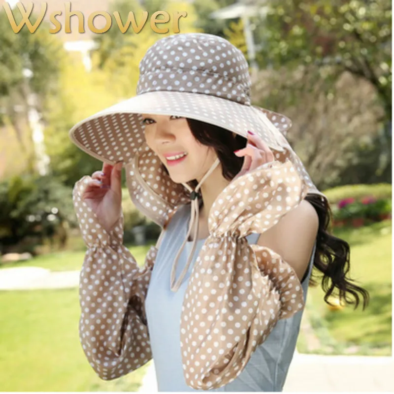 

Which in shower Dot Summer Sun Hat For Women Wide Brim Neck Face Cover Girls Beach Hat With Hand Cuffs Bone Chapeau Femme Panama