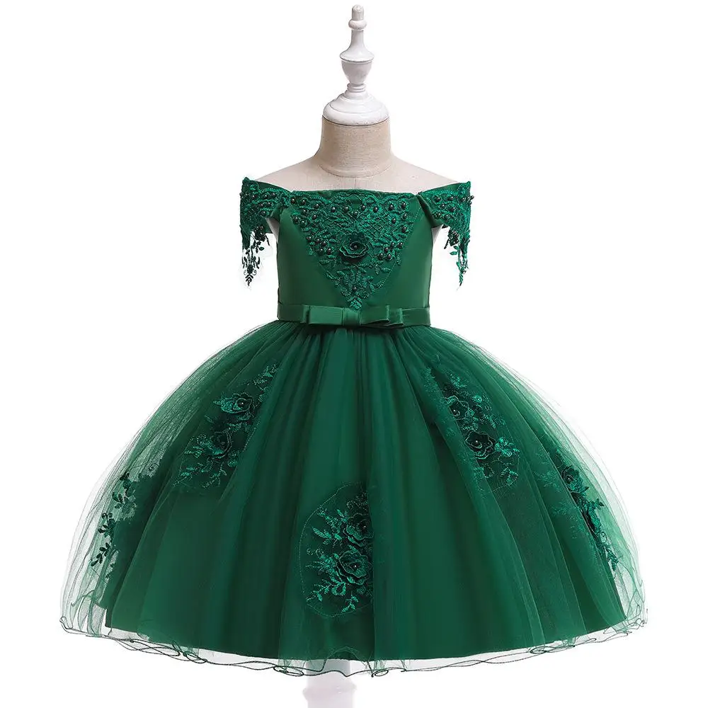 Новое поступление, темно-зеленые платья с открытыми плечами для девочек, держащих букет невесты на свадьбе бальное платье длиной до колена с аппликацией и бантом для выпускного бала платья для причастия - Цвет: Зеленый