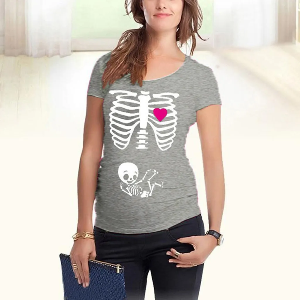 Футболки для беременных с коротким рукавом и принтом скелета, футболки для беременных, повседневные футболки для беременных
