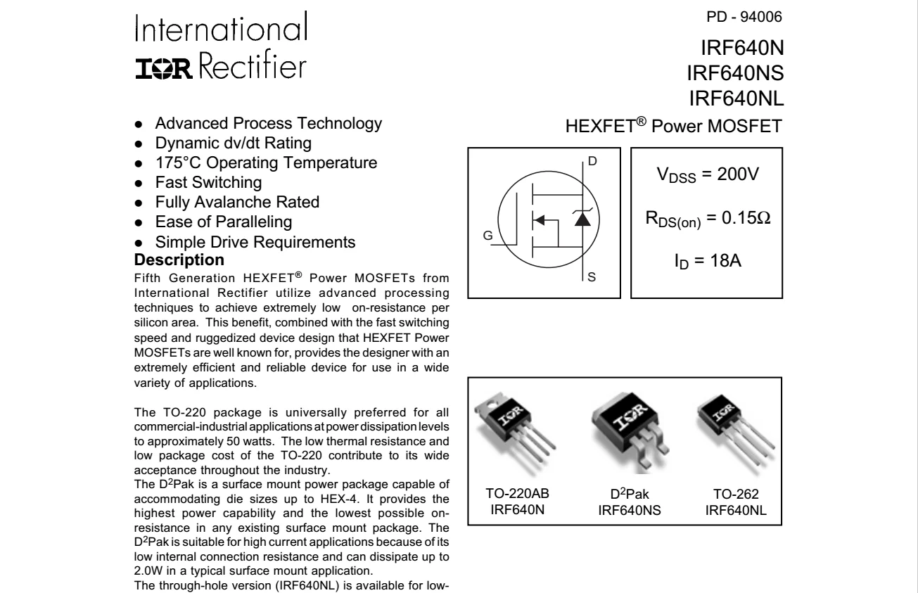 IRF640N IRF640 IRF640NPBF МОП-транзистор 200 в 18A 150 МОМ 44.7nC TO-220