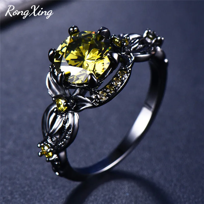 RongXing шесть крапанов круглые кольца с камнем рождения для женщин черное золото заполнены синий/фиолетовый/оливково-зеленый кристалл Циркон кольцо Модные ювелирные изделия