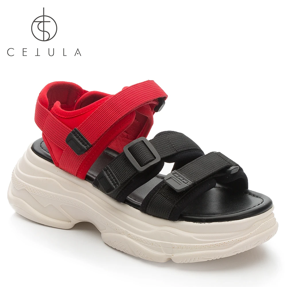 

@Cetula 2018 Handcrafted Summer Casual Red Counter Cuff Buckled Mesh Stripes Women Sandal Shoes ft. Padded Sole&Wedged Heels