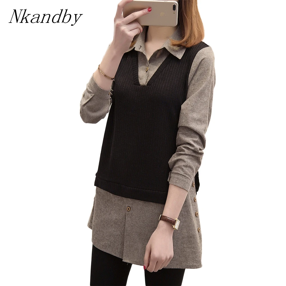 

Plus size Womens Tops and Blouses Fashion Turn down Collar Knitted Patchwork Shirt Long sleeve Blusa Feminina 5xl Ladies Shirts