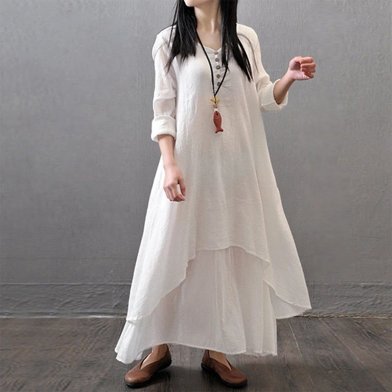 Women Peasant Ethnic Boho Cotton Linen Long Sleeve Dress Gypsy Chinese ...
