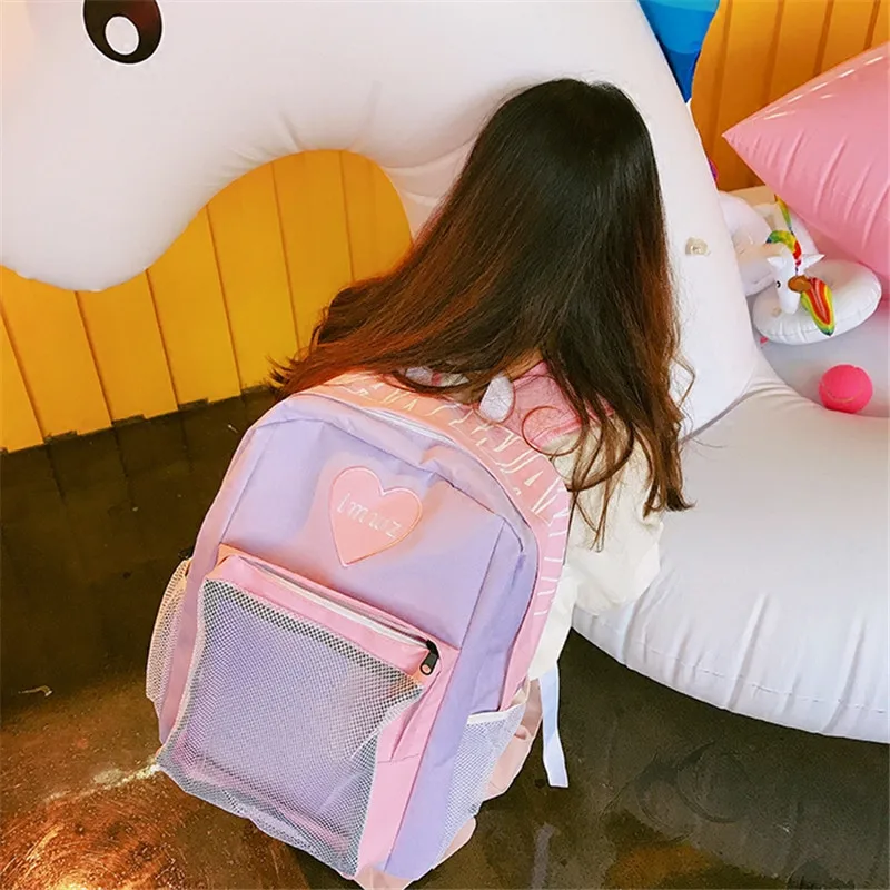 Японский Повседневный тканевый розовый рюкзак в Корейском стиле с вышитыми сердечками и буквами; Kawaii; школьная сумка; милая школьная сумка; Mochilas GirlsTravel Day; Черная упаковка - Цвет: Лаванда