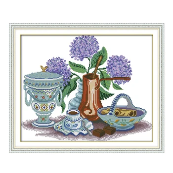 

JoySunday chinese cross stitch Hydrangeas vases plates flower DMC14CT11CTcotton needlework livingroom restaurant hotel painting