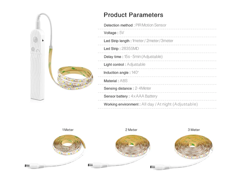 Светодиодный светильник для шкафа с датчиком движения, 1 м, 2 м, 3M, под кровать, для лестницы, для гардероба, лента, водонепроницаемая, 5 В, USB, Светодиодная лента, для шкафа, для кухни, ночная лампа