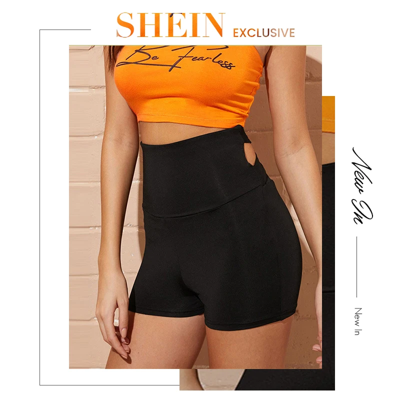 SHEIN Wide Waistband Criss Cross Back Shorts Women Solid Sporty High Waist Shorts Skinny Elastic Waist Stretchy Summer Shorts