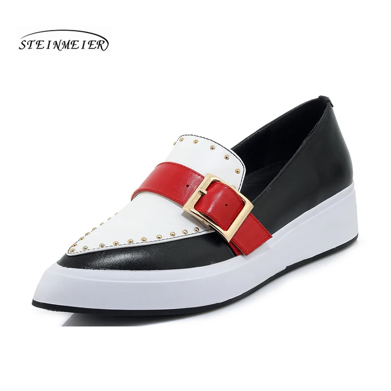 

Women's Flats Shoes Woman Genuine Leather platform summer Sneakers Ladies point toe Brogues Vintage Casual buckle spring Shoes