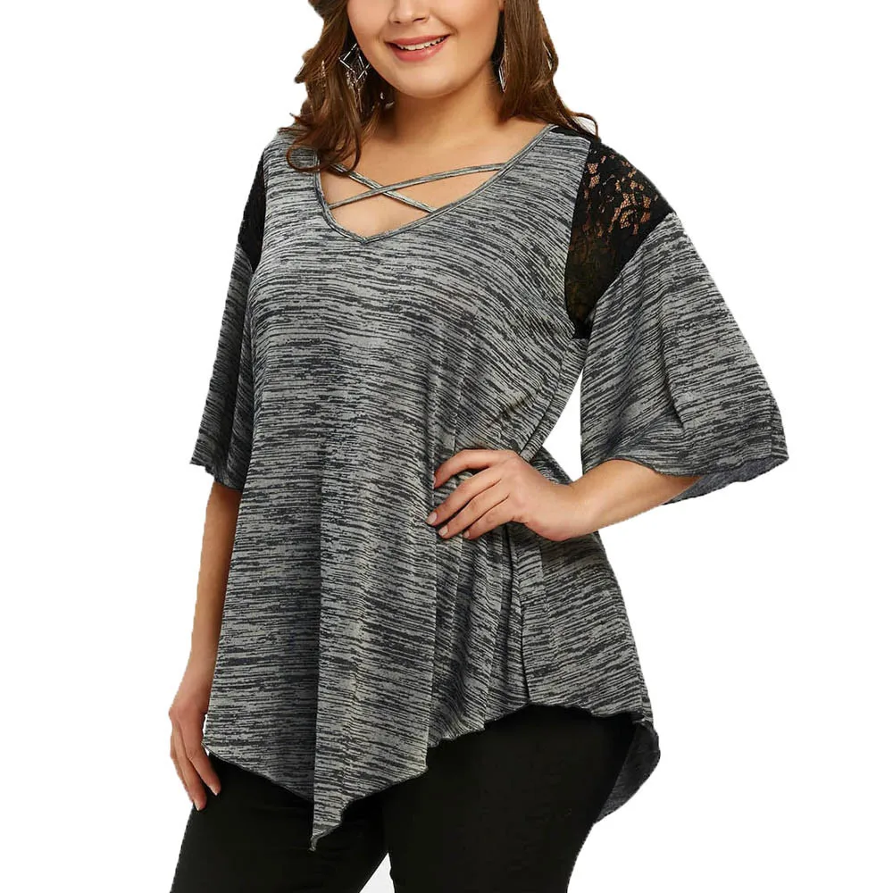 

Fashion T Shirt Women Plus Size 5XL Flare Sleeve Asymmetrical Tunic Lace T-shirt Summer crop Top Camisetas Mujer Ropa