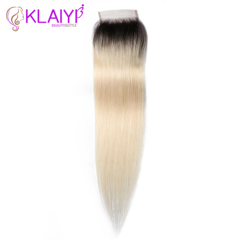 

KLAIYI Hair Closure Brazilian Straight Lace Closure Free Part Remy Human Hair 4x4 inch Swiss Lace T1B/613 Top Closure