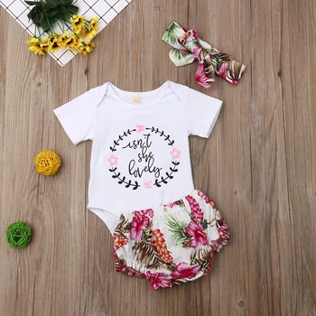 

3Pieces Summer Newborn Baby Girls Infant Summer Holiday Beach Clothes Sets Top T-shirt+Floral Shorts+Headwear Causal Outfit Sets