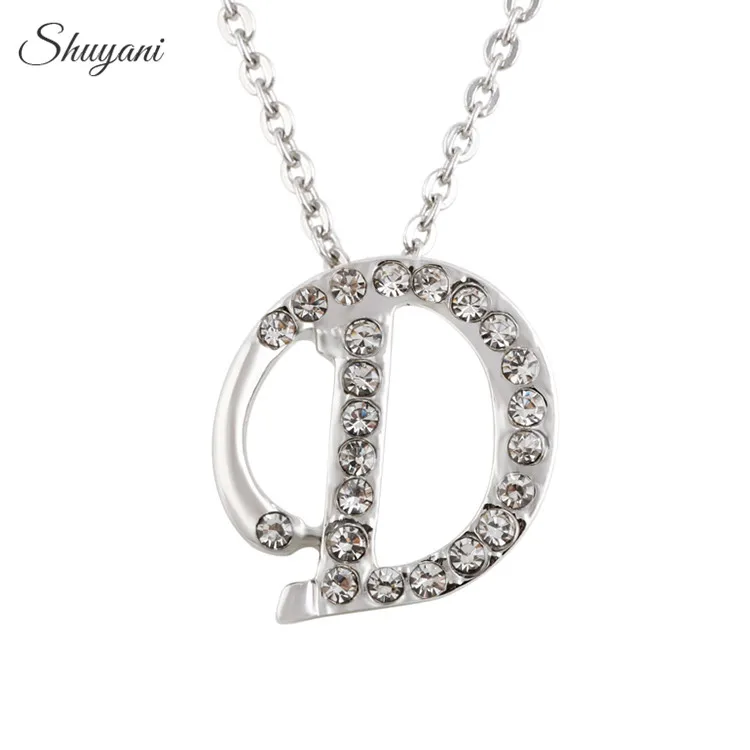 Shuyani Zinc Alloy Alphabet Initial D Pendant & Necklace White Crystal