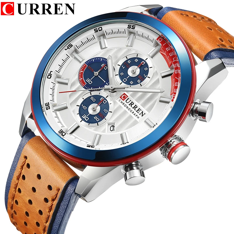 

New CURREN Men Leather watch Fashion Multi-function Chronograph Quartz Wristwatch Casual Sport Waterproof Watch relogio