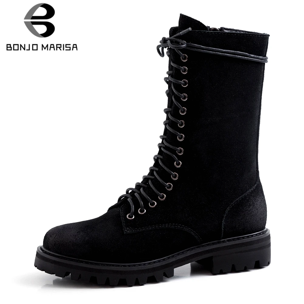 

BONJOMARISA New Fashion Genuine Leather Hot Sale Shoes Woman Boots Female Lace Up Black Zipper Mid Calf Boots Woman Shoes