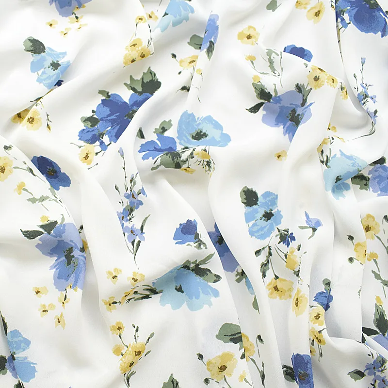 

2019 new thickened hemp chiffon fabric spring and summer printed fabric white ink orchid bottom is not transparent