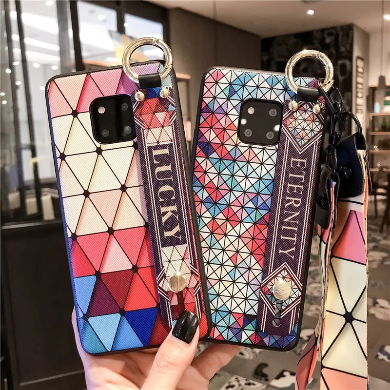 

Luxury Rhombic Wrist Strap For Huawei Mate 20 20P 20X Cover Lattice Holder Stand Case for Huawei Nova 3 3i 3E 2S Cover Coque