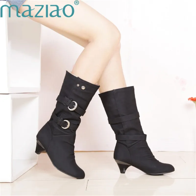 

Female Shoe Short Plush Belt Buckle Metal Decoration Thick Heel Sexy Warm Shoes Woman Boots High Heel MAZIAO