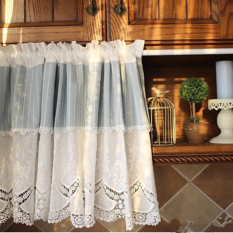 Buy Country Style White Embroidered Splice Blue/White Stripe Hollow Lace Cotton