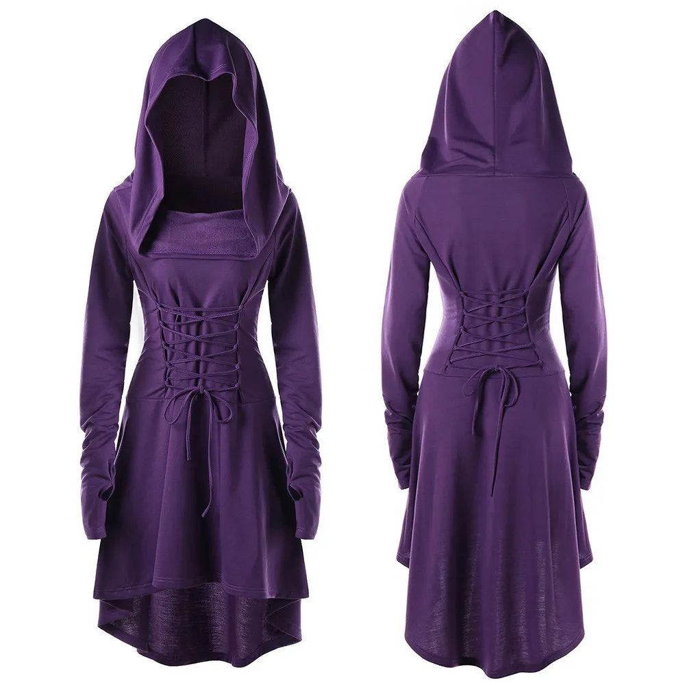 

Women Vintage Female Pullover High Low Bandage Long Dress Costumes Lace Up Hooded Dress Cloak Casual Solid clothes robe femme